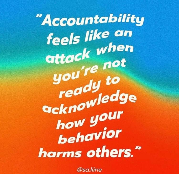 This meme is a humorous take on accountability, featuring a quote from a TV show about a character's lack of responsibility. The text reads: "Accountability feels like a personal attack when you're not ready to acknowledge how your behavior harms others."