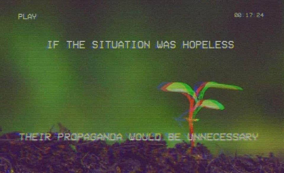The meme is a screenshot from a video game where a character is trying to plant a tree, but the game's AI is not cooperating. The text "IF THE SITUATION WAS HOPELESS" appears on screen, followed by "THEY WOULD HAVE GIVEN UP BY NOW". The image is likely a humorous take on the idea that the game's AI is not doing its job, and the character is frustrated by the lack of progress.