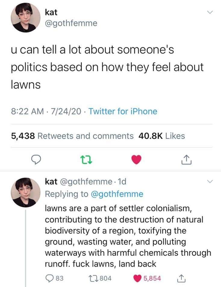 This meme is a humorous take on the concept of "I can explain it better" in a sarcastic tone. The image is a screenshot of a tweet that reads: "u can explain it to me like i'm 5" followed by a ridiculous and over-the-top explanation of a simple concept, in this case, explaining what "lawns" are.