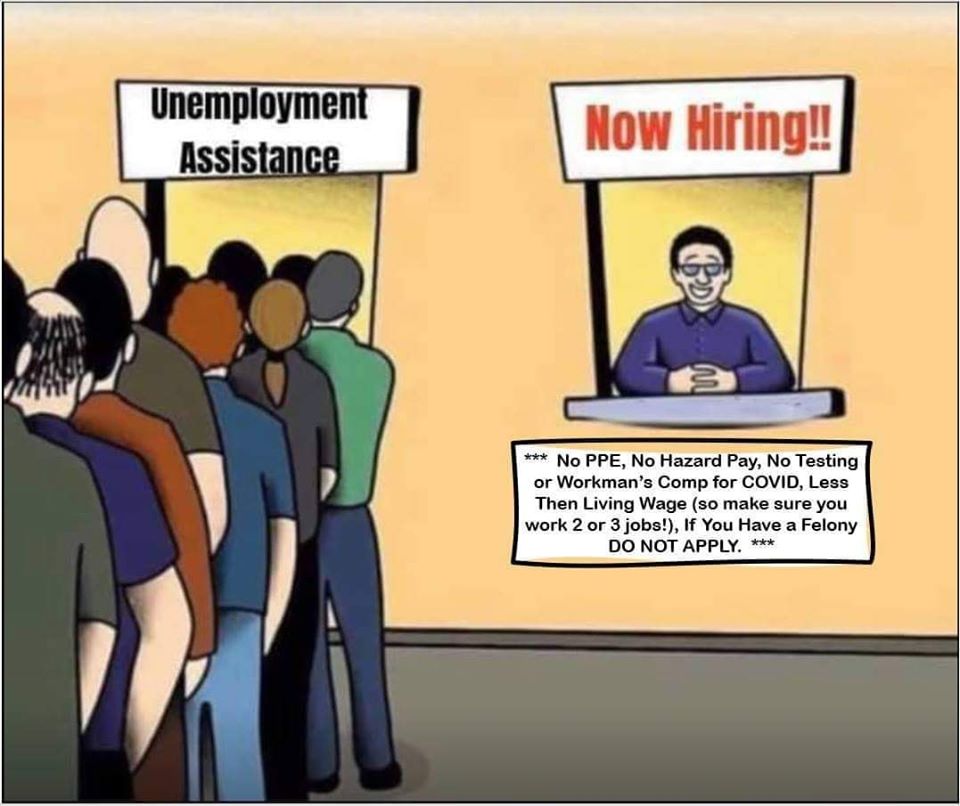 This meme is a play on the common phrase "now hiring" that is often seen in job advertisements. However, in this image, a "now hiring" sign is being held by a person standing in line for unemployment benefits, implying that the person is unable to find a job and is therefore seeking assistance from the government. The text on the sign reads "Now hiring... for unemployment benefits!"