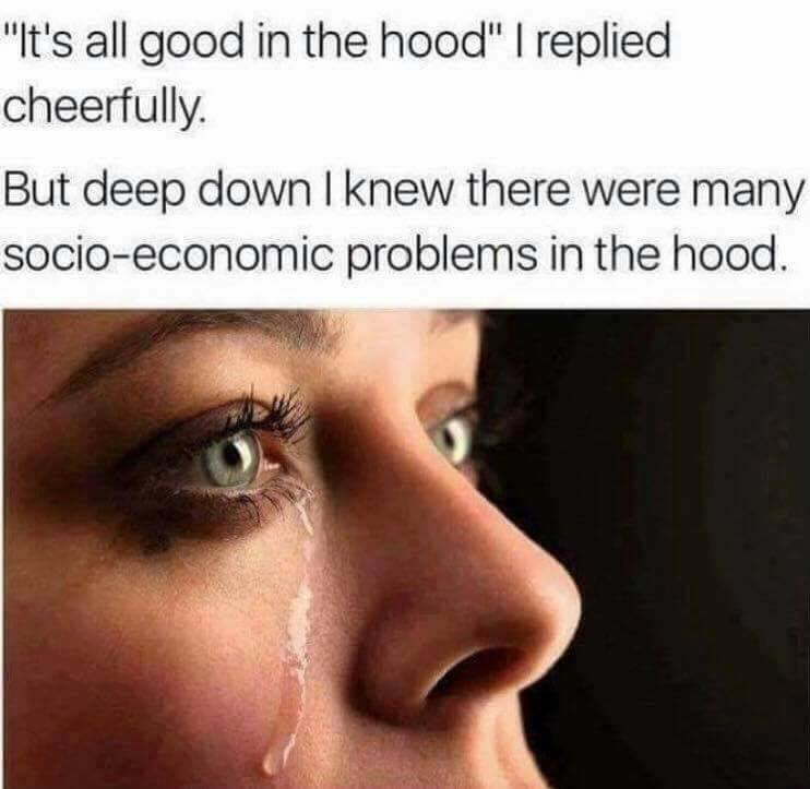 The meme is a humorous response to the phrase "It's all good in the hood" (a popular phrase from the song "It's All Good" by 2Pac). The meme is a photo of a person crying, with the caption "It's all good in the hood... but deep down I knew there were many socio-economic problems in the hood."