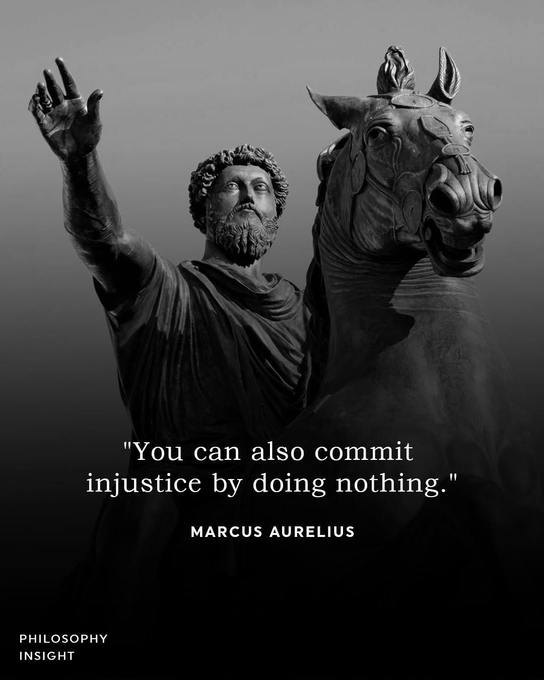 This meme is a humorous image featuring a statue of the Roman Emperor Marcus Aurelius, with his famous quote "You have power over your mind, not over events. You can control how you react to them." However, the image is modified to replace the quote with a more ironic and humorous one, reading "You can also commit injustice by doing nothing."
