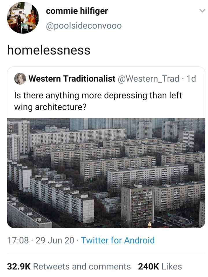 The meme is a screenshot of a Twitter conversation where a user asks if anything is more depressing than the London 2012 Olympics' "Zoobic" mascot, a furry, anthropomorphic zoo animal. The user's friend responds that nothing is more depressing than a picture of a empty, abandoned, and decaying apartment complex in Moscow.