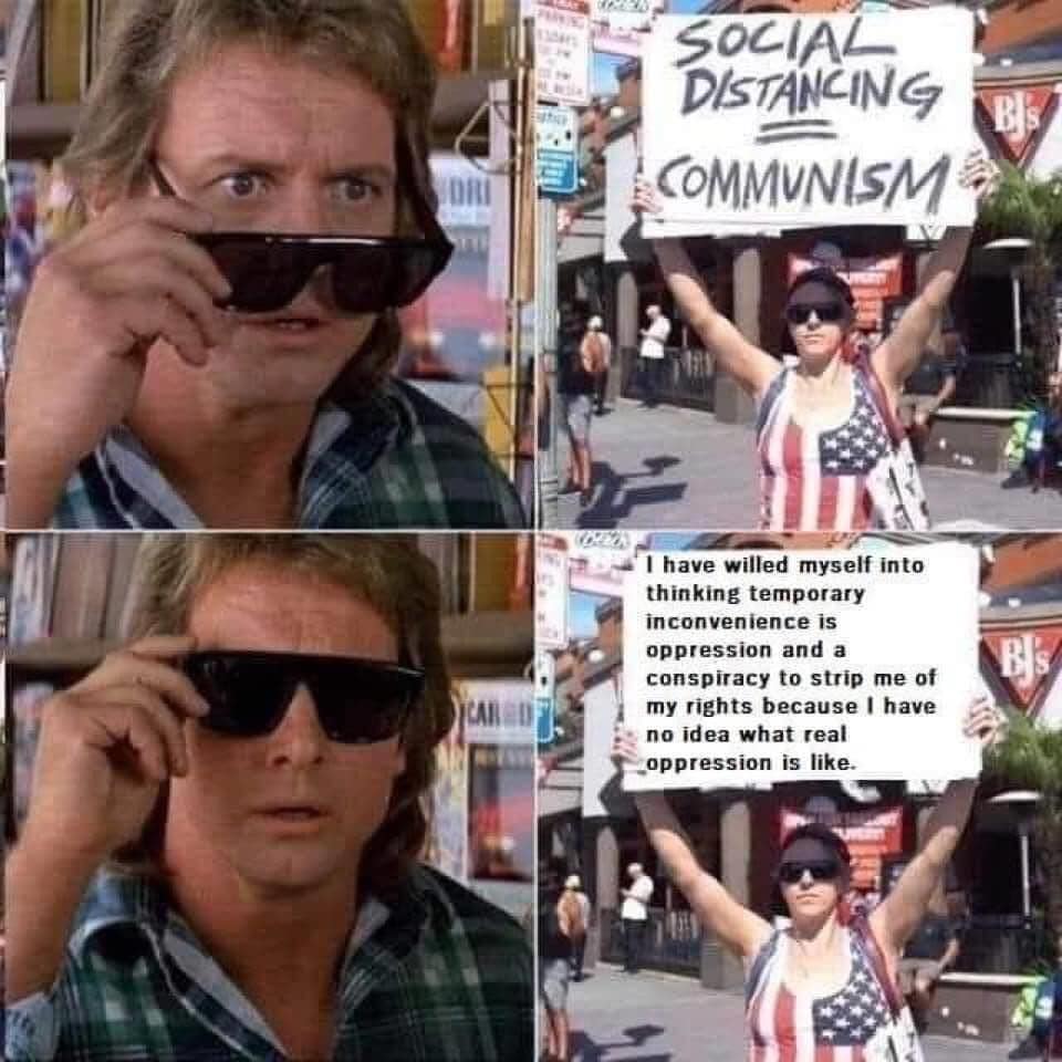 The meme is a humorous image that juxtaposes two contrasting ideas: the concept of social distancing, which is meant to reduce the spread of COVID-19, with the ideology of communism, which is often associated with equality and fairness. The text in the image reads: "I have socially distanced myself to prevent the spread of communism." The meme is likely intended to be ironic or satirical, poking fun at the idea that social distancing could be used to prevent the spread of a particular ideology.