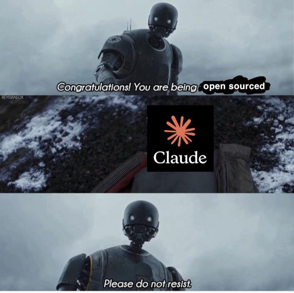 The meme features a character from the Star Wars franchise, K-2SO, who is known for his dry wit and sarcasm. In this image, he is shown responding to a congratulatory message about being open-sourced. The text reads,...