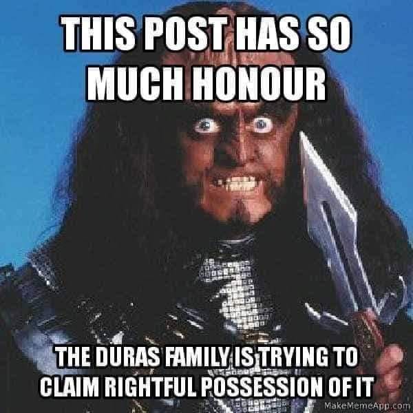 This meme is a humorous image featuring the Klingon warrior from Star Trek, Worf, with a shocked expression. The text above the image reads "This post has been claimed by the Klingon Empire" and the text below reads "The Duras family is disputing the claim". The meme is poking fun at the idea of a fictional empire or family trying to claim ownership of a social media post.