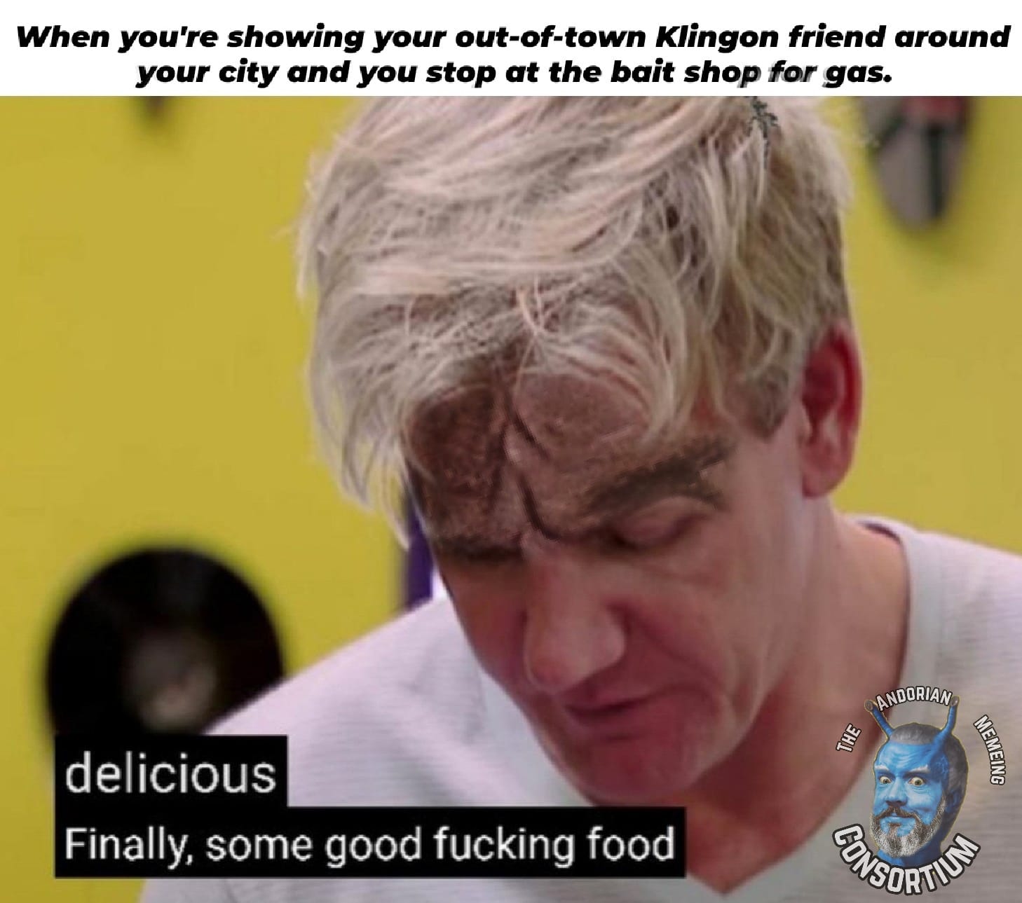 This meme features a photo of Gordon Ramsay, a famous chef and TV personality, with a shocked expression. The image is captioned "When you're showing your out-of-town friend around your city and you stop at the gas station for gas."