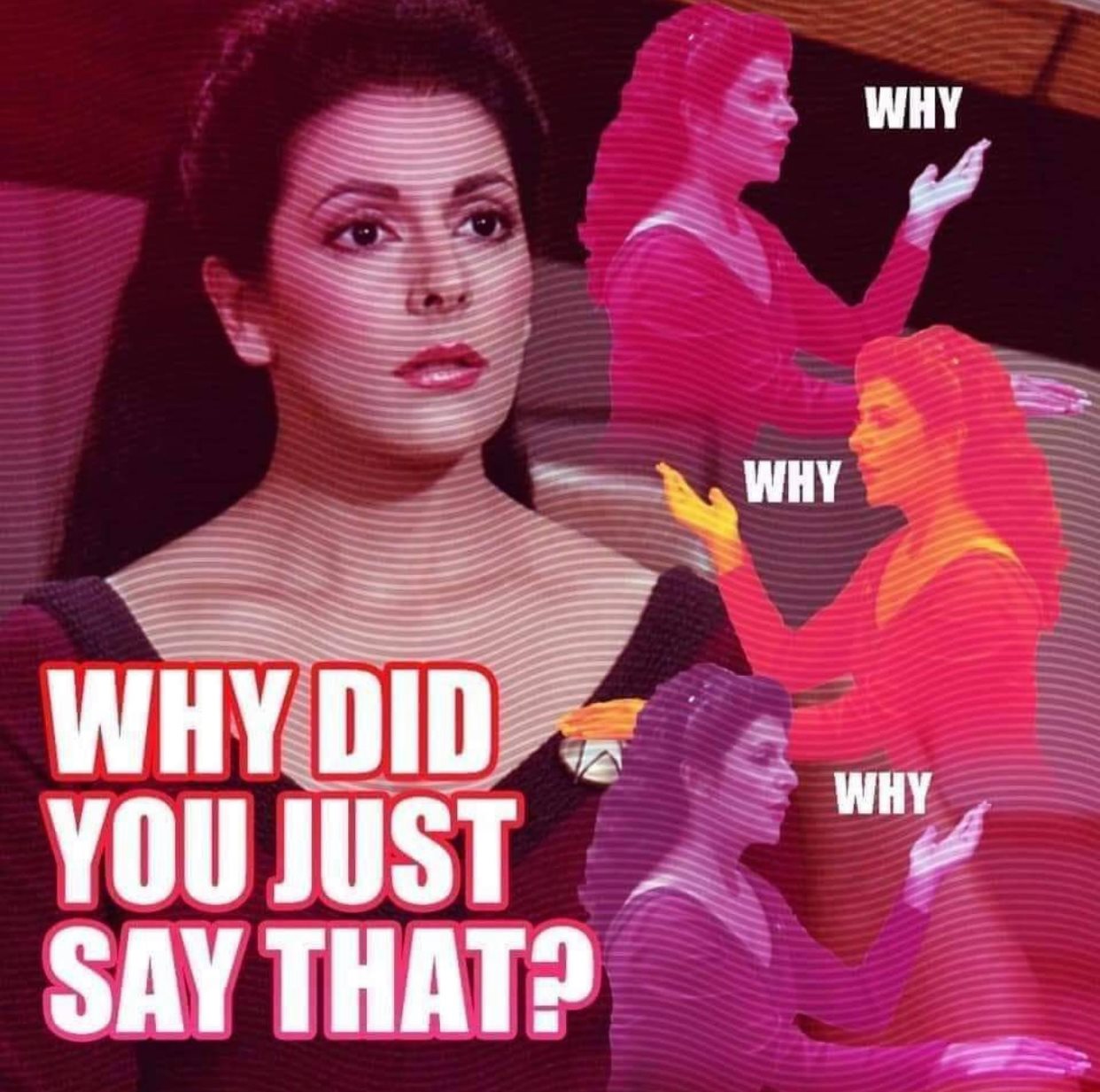 The meme is a screenshot of Deanna Troi, a character from the TV show Star Trek: The Next Generation, looking shocked and confused. The text "Why did you just say that?" is written below her image, implying that she's asking for an explanation for something she just heard. The meme is likely being used to express confusion or surprise at a statement or situation.