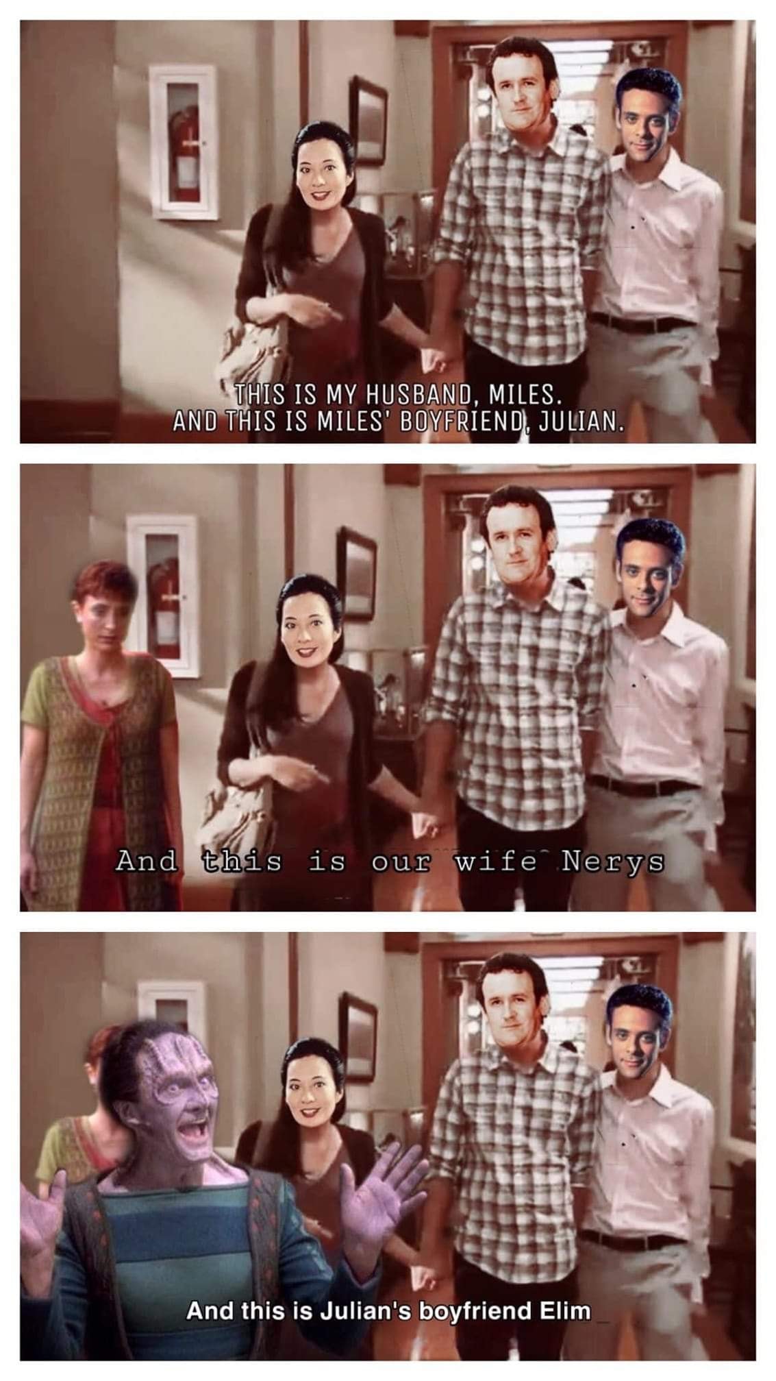 This meme is a screenshot from the TV show "How I Met Your Mother" with a caption that replaces the characters' names with those from the Star Wars franchise. The caption reads: "This is my husband, my wife, and my friend. This is my husband, my wife, and my friend. This is my husband, my wife, Nerys, and my friend."