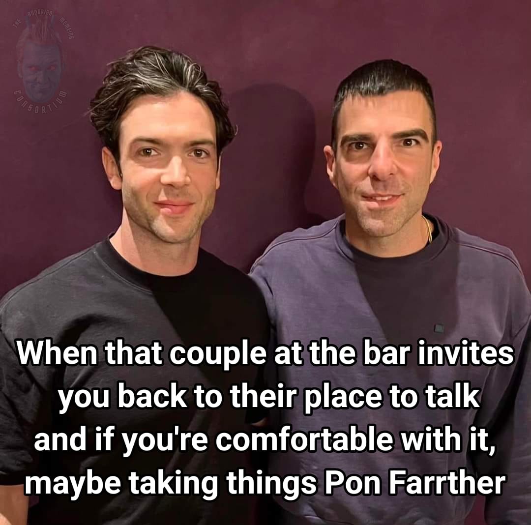 This meme features a photo of two men, one of whom is wearing a wedding ring and is being greeted by a man who is not his husband. The text overlaid on the image reads: "When your husband's friends are more welcoming than your husband."