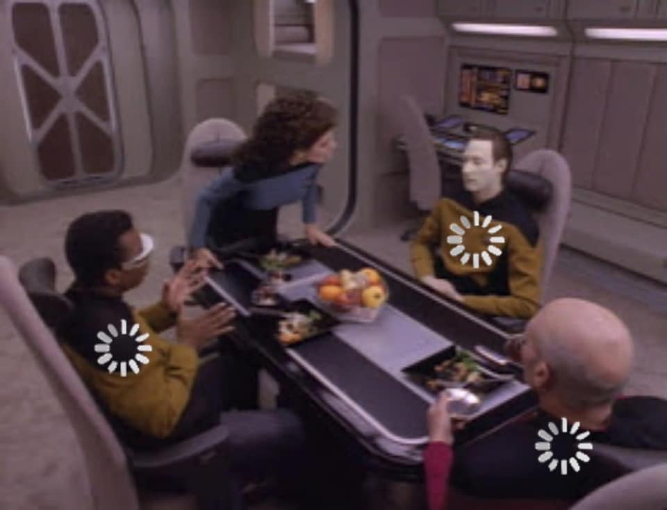 The meme is a screenshot from Star Trek: The Next Generation featuring a scene where Captain Jean-Luc Picard and his crew are enjoying a meal together. The image shows a shocked expression on Picard's face, and the text "I'm sorry" is displayed on the screen. The meme is captioned "When you finally understand the plot of Star Trek: The Next Generation".