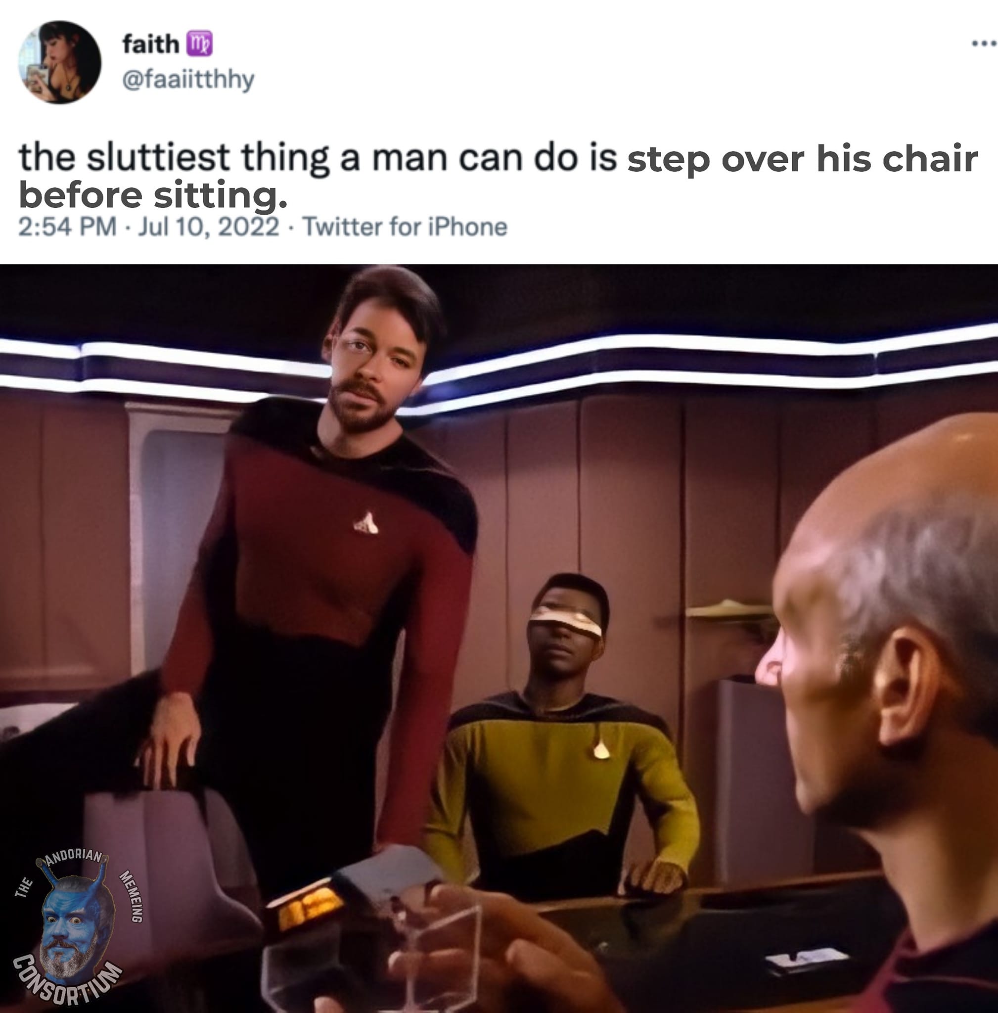 This meme is a screenshot from the TV show Star Trek: The Next Generation, featuring a scene where Captain Jean-Luc Picard is being served a drink by a bartender. The image is captioned "the sluttiest thing a man can do is step over his chair before sitting" in a mocking, sarcastic tone, implying that the captain's actions are somehow "slutty" or provocative.