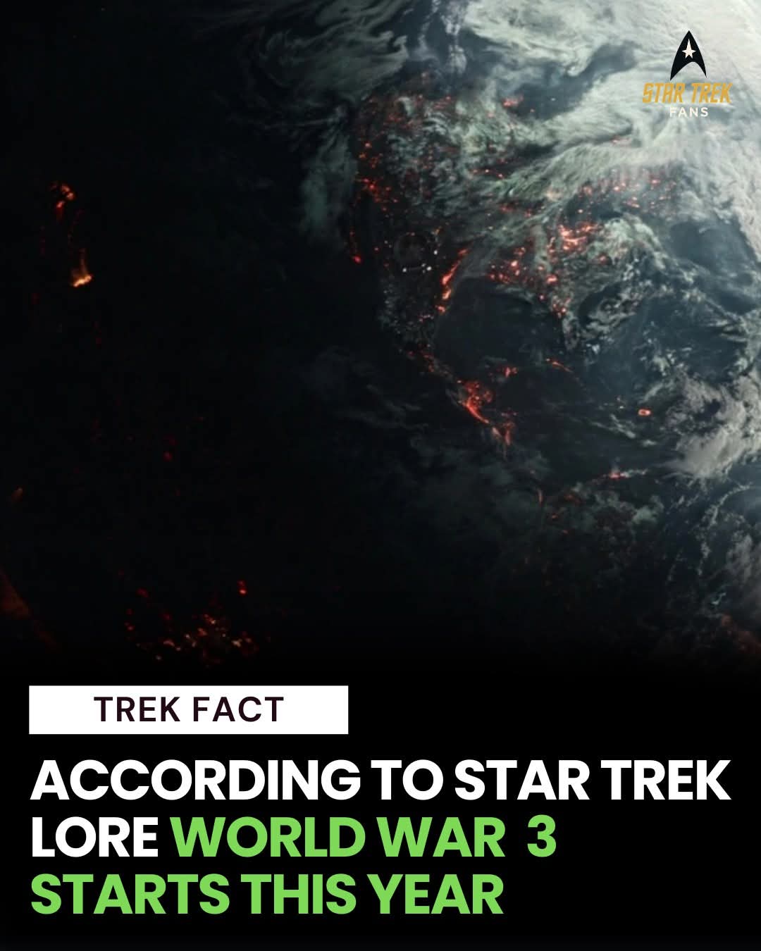 The meme is a humorous response to a Star Trek fan's request for a "Trek" fact. The image shows a black background with a Star Trek logo in the top right corner. The text at the bottom of the image reads: "TREK FACT:...