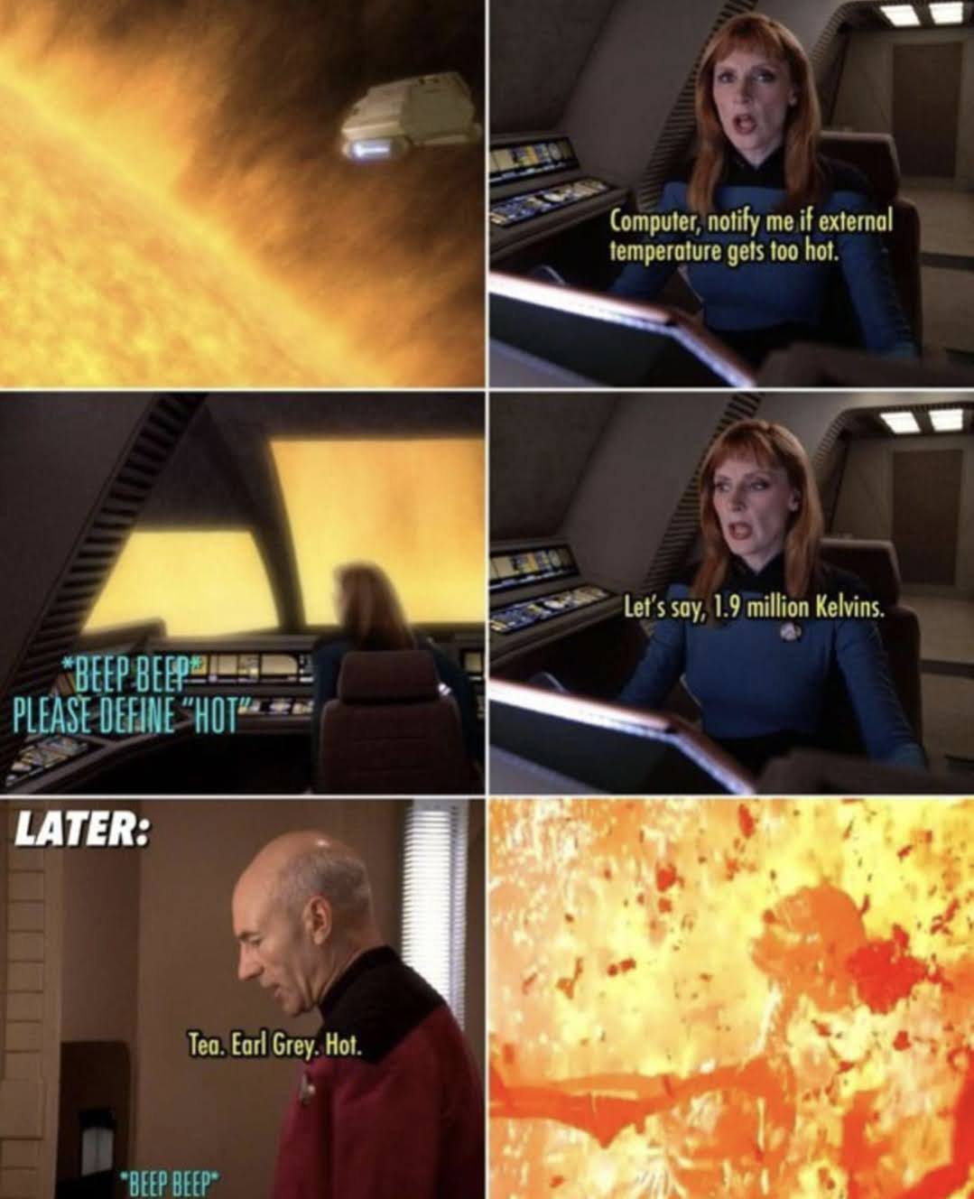 This meme is a humorous take on the classic "not my problem" phrase, with a sci-fi twist. The image shows a character from the Star Trek franchise, Captain Jean-Luc Picard, responding to a request to adjust the ship's temperature. The text reads: "In a galaxy as vast as it is wondrous, there are those who dare to complain about the temperature. Not my problem, Captain. Make it so."