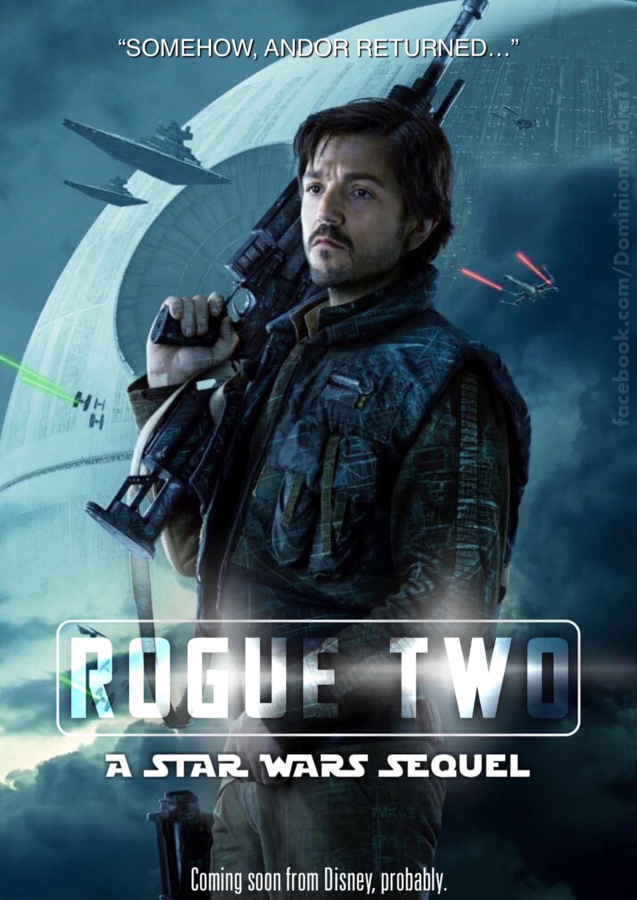 This meme is a photo of a character from the Star Wars franchise, specifically from the movie "Rogue One: A Star Wars Story". The image shows Diego Luna's character, Cassian Andor, with a sarcastic expression and a blaster in his hand. The text above the image reads "Rogue One: A Star Wars Story" in a mock-up of the classic Star Wars font, and the text below says "In a galaxy far, far away... I'm still waiting for the sequel".