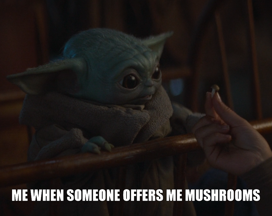This meme is a humorous image of a character from the Star Wars franchise, Baby Yoda, reacting to someone offering him something to eat. The image shows Baby Yoda looking at a mushroom and then at the person offering...