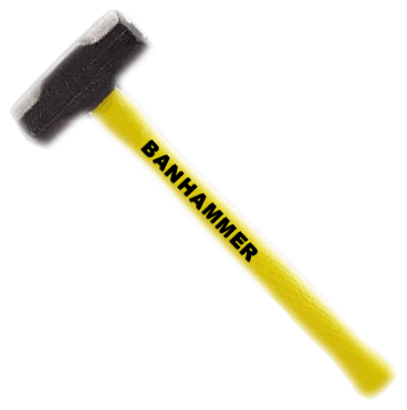 Okay, let's break down the image of the hammer with "BANHAMMER" emblazoned on its handle, through the lenses of various critical theories. **1. Visual Description** The image depicts a black rubber mallet, a type of h...