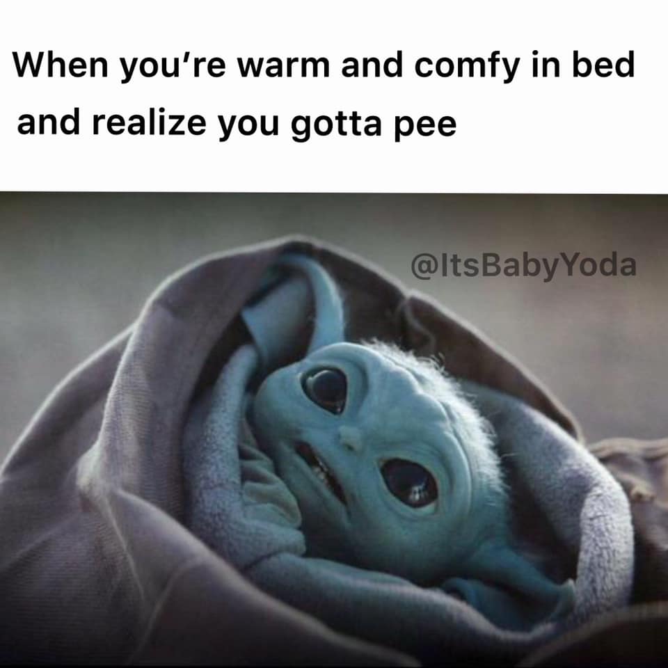 This meme is a humorous image of Baby Yoda from the Star Wars franchise, with a look of shock and surprise on his face. The text above the image reads "When you're comfortable and then you remember you gotta pee". The...