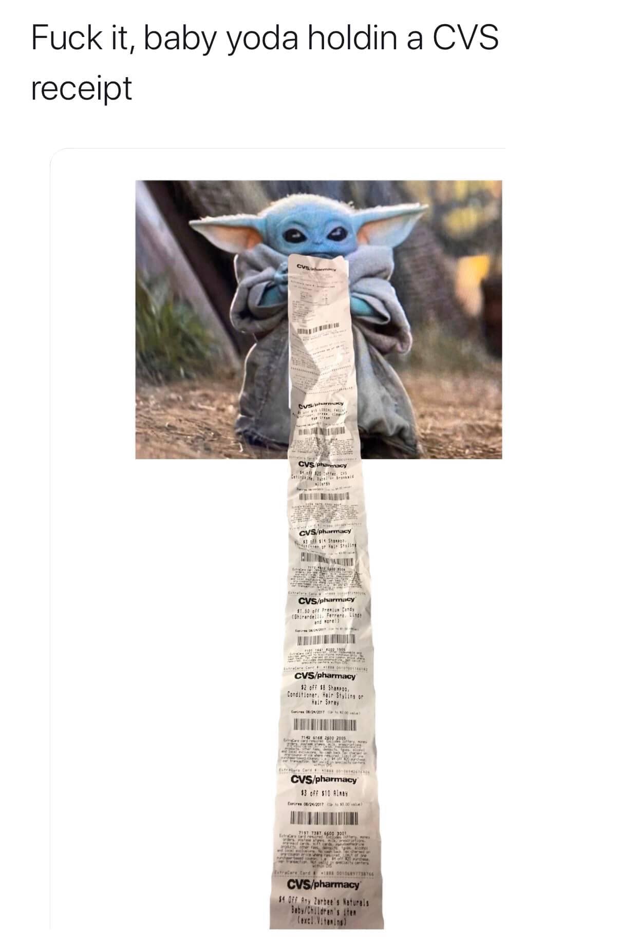 This meme features a picture of the character Baby Yoda from the Star Wars franchise, holding up a long receipt. The text at the top of the image reads "I got a lot of stuff" and at the bottom, "I'm a big fan of coupo...