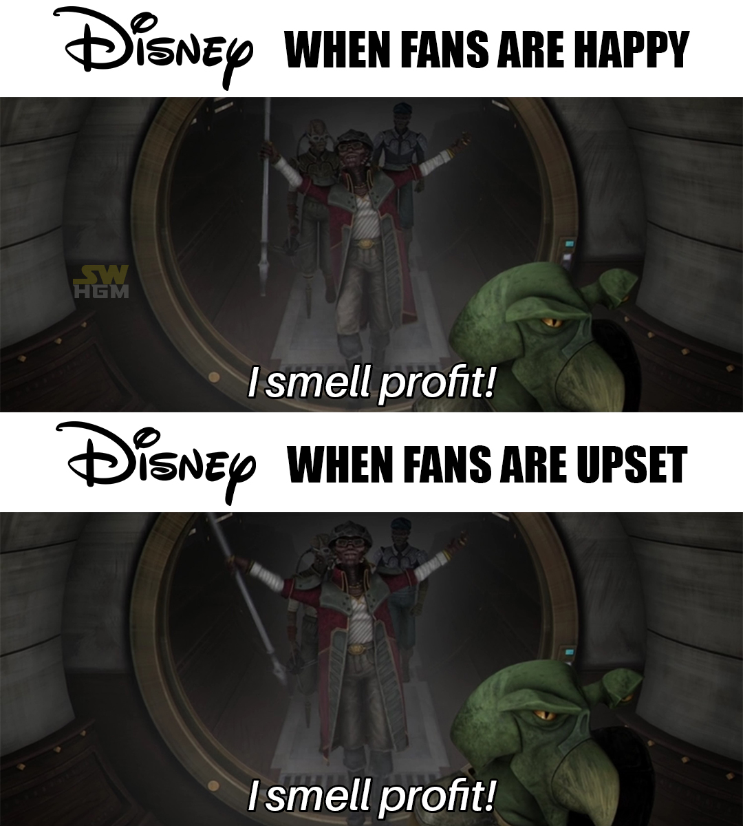 The meme is a humorous image of a Star Wars character, Jar Jar Binks, reacting to a situation where Disney, the owner of Star Wars, is profiting from the franchise. The image shows Jar Jar with a shocked expression and the text "I smell profit!" and "Disney: When fans are happy / When fans are upset".