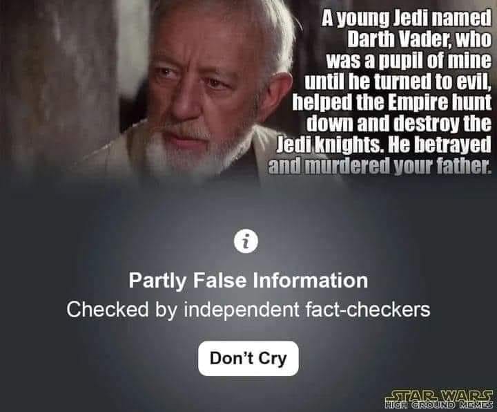 This meme is a screenshot of a Facebook comment from a user who is trying to report a post as "harmful or false information". The user is trying to report a post about a fictional character, Darth Vader, who is actually a good guy in the original Star Wars trilogy. The user is trying to report a post that says "Darth Vader was a good guy" as "harmful or false information", which is ironic given the character's actual backstory.