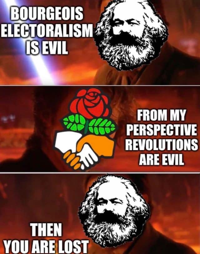 The meme is a humorous take on the phrase "I see dead people" from the movie The Sixth Sense. In this version, the phrase is replaced with "I see 19th century ideologies" and features a cartoon image of a red rose (symbol of communism) with a hammer and sickle (symbol of socialism) merged together, implying that the speaker is seeing a blend of two historically opposing ideologies.