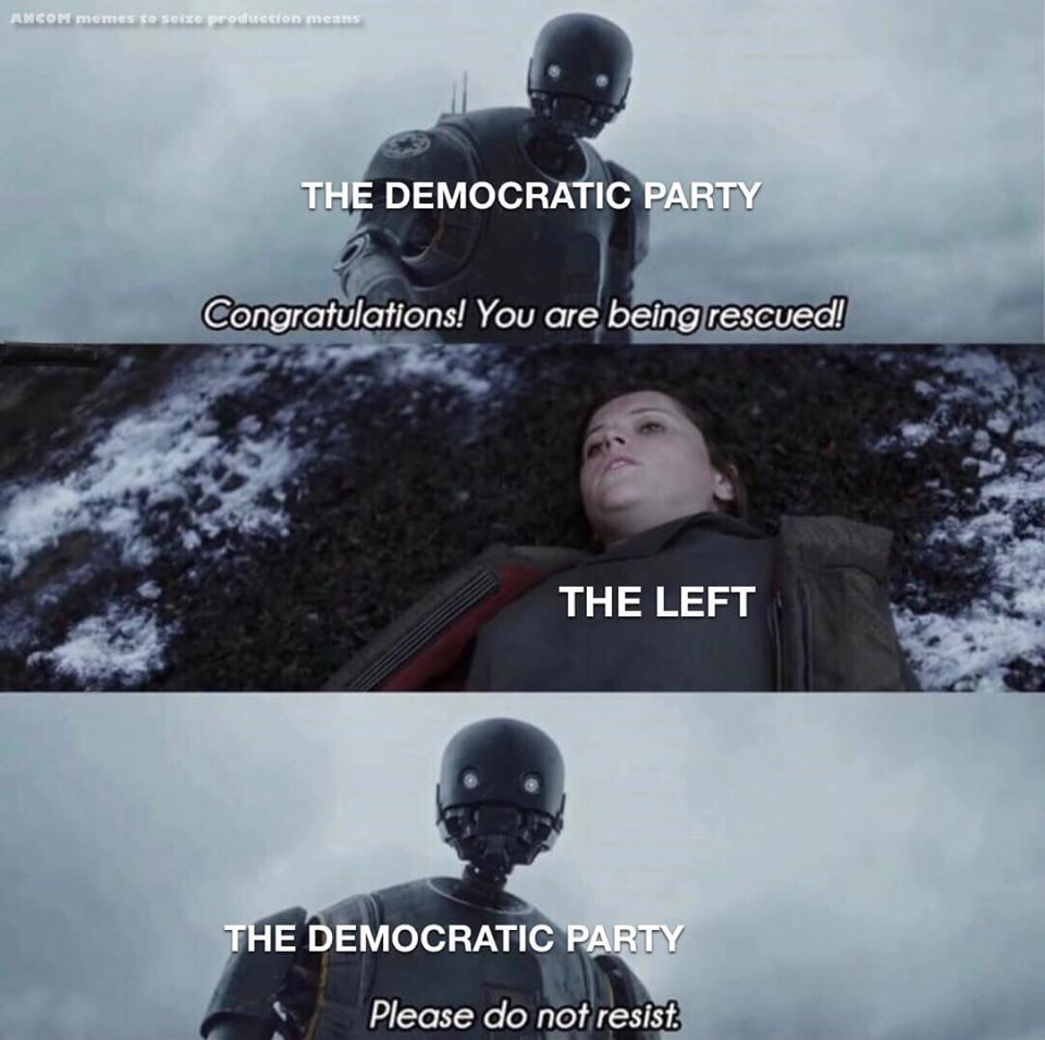 This meme is a humorous commentary on the perceived differences between the Democratic and Republican parties in the United States. The image shows a character from the movie "Star Wars: Rogue One" (K-2SO, a reprogrammed Imperial droid) with a caption that reads: "In a galaxy far, far away..." followed by two options: "The Democratic Party: We have a plan" and "The Republican Party: We have a plan... and it's going to blow up in your face".
