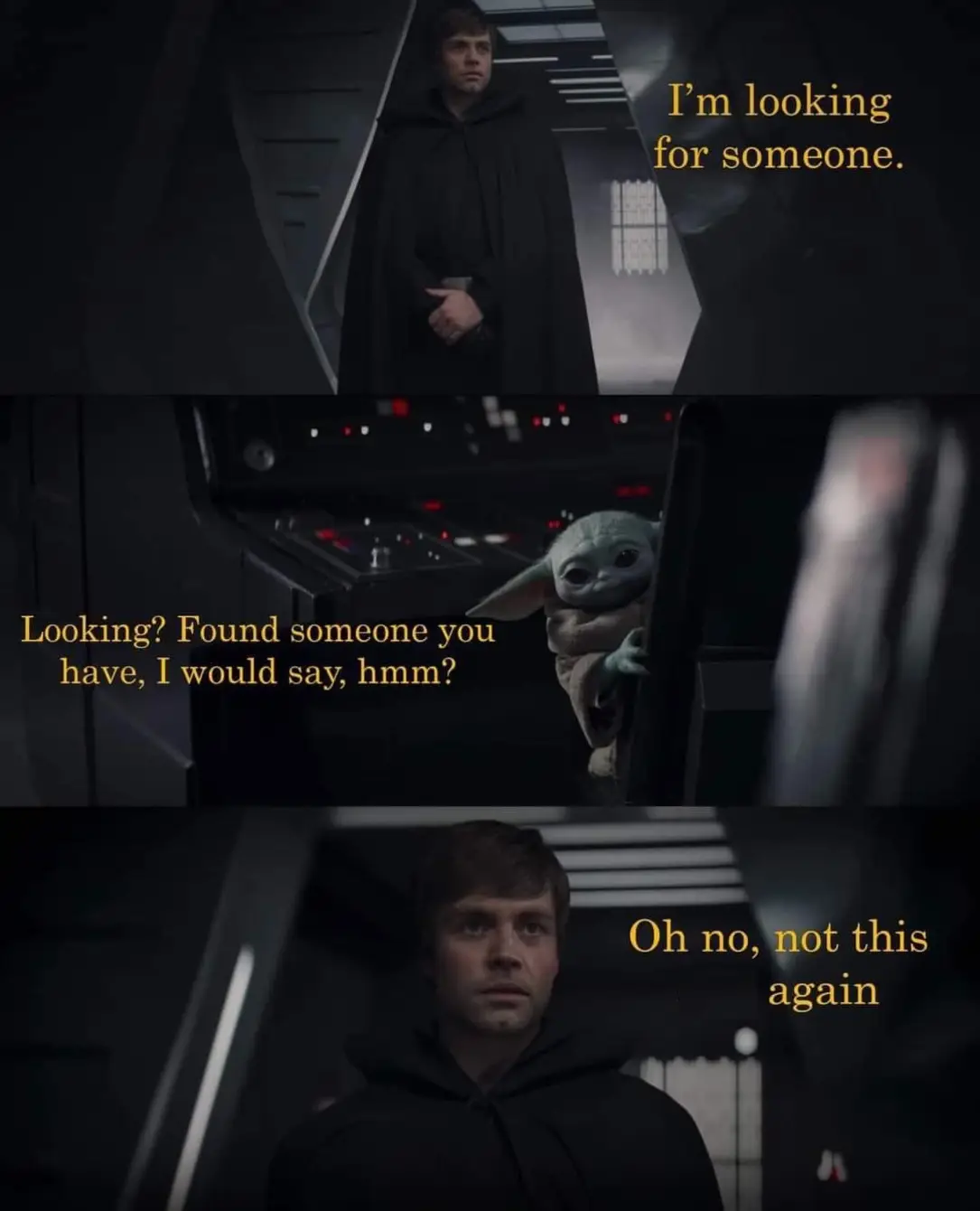 This meme is a play on the famous "I am your father" line from Star Wars. A picture of Darth Vader is paired with a picture of a young boy from the movie, and the text "I am your father" is replaced with "I am your... cookie".