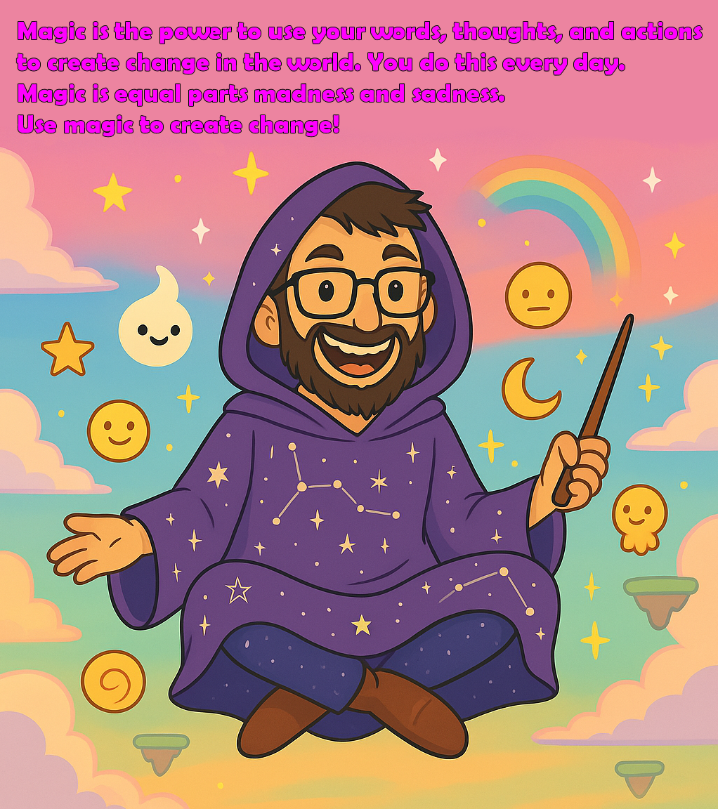 This meme features a cartoon image of a wizard with a magic wand, surrounded by various stickers. The text at the top of the image reads "Magic is the power to use your words, thoughts, and actions to create change in...