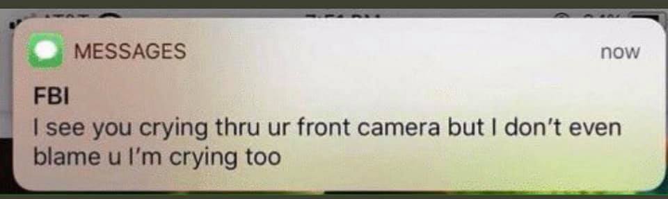 The meme appears to be a screenshot of a text conversation. The image shows a message from "FBI" (presumably a prank or a joke) saying "I see you're watching porn at work". The response from the user is "I can see your browser history from here".