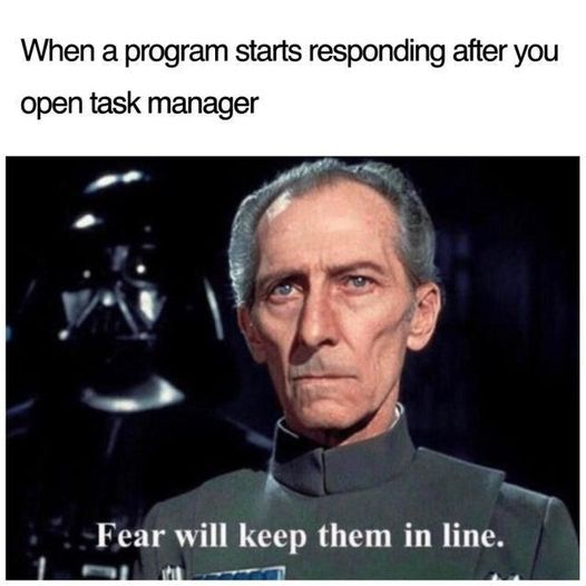 This meme is a screenshot from the Star Wars franchise, specifically a scene where Darth Vader is about to kill a Rebel officer who has defied him. The officer says "I find your lack of faith disturbing" and then is about to be killed. The meme is a humorous take on this scene, with a caption that says "When a program starts responding again after you've been waiting for hours".