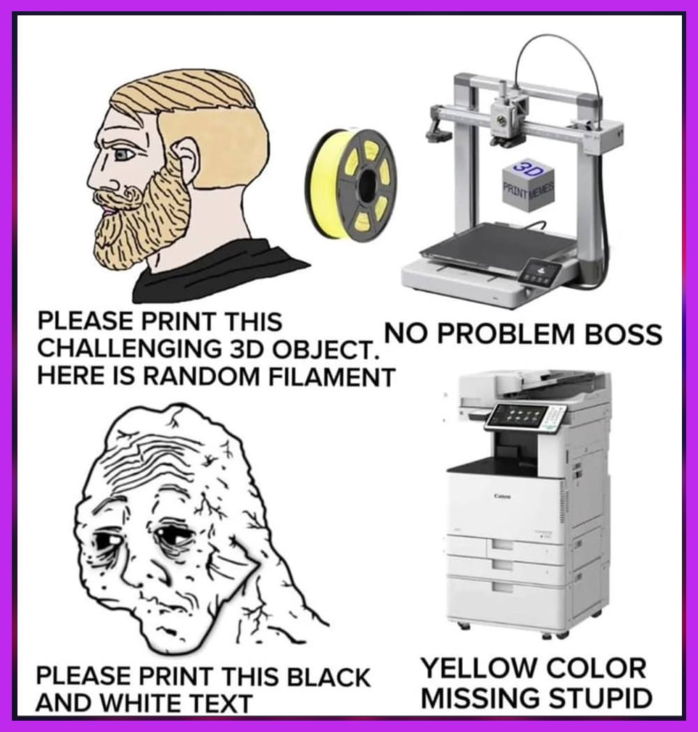 The meme is a humorous illustration of a robot trying to 3D print a human head, with the robot's instructions getting increasingly frustrated and absurd. The text reads: "Please 3D print a human head. Please 3D print a human head with a face. Please 3D print a human head with a face that is not a giant metal ball. PLEASE 3D PRINT A HUMAN HEAD WITH A FACE THAT IS NOT A GIANT METAL BALL THAT IS ALSO NOT MADE OF CHEESE."