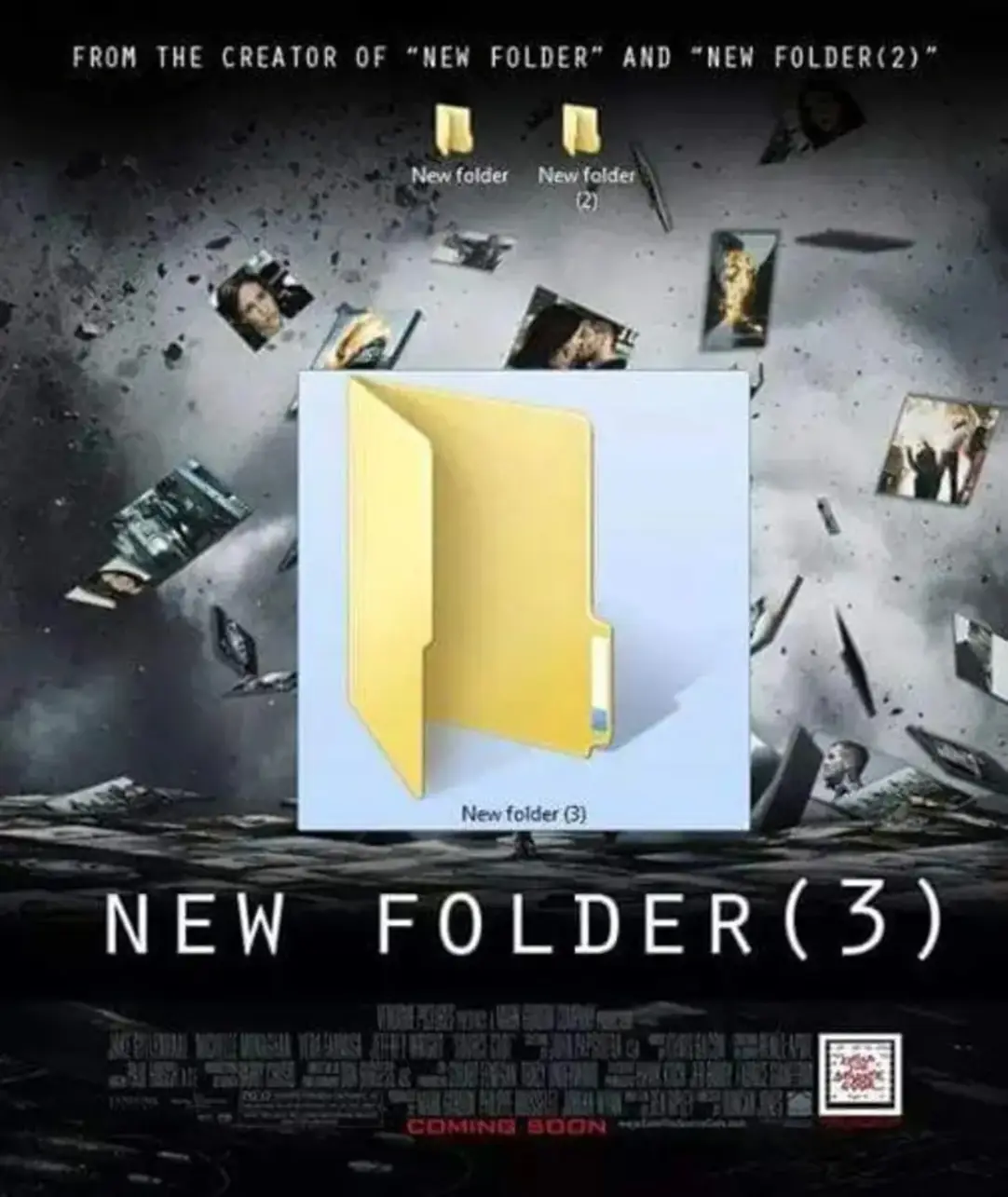 The meme is a picture of a new "New Folder" icon from Microsoft, but with the name changed to "New Folder (3)". The text at the top of the image reads "In 2-3 sentences, describe this meme for someone who cannot see it."