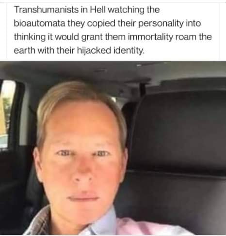 This meme is a photo of a person with a caption that reads: "Transhumanists in 2,000 years: 'We meant to live forever, but we forgot to update our 401(k).'" The image is a humorous take on the idea that transhumanists, who aim to live forever through advanced technology, might still struggle with mundane tasks like retirement planning.