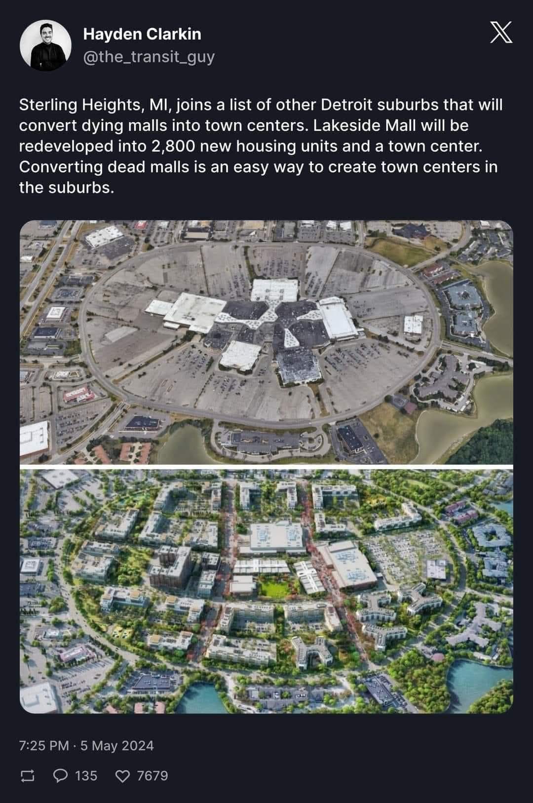 The meme is a screenshot of a tweet that shows a before-and-after image of a city. The top image is of a sprawling suburban development with a large mall at its center, surrounded by parking lots and low-density housing. The bottom image is of a densely populated urban area with a mix of high-rise buildings, parks, and street-level businesses. The text above the images reads, "Suburbs: 1970s Suburbs: 2023".
