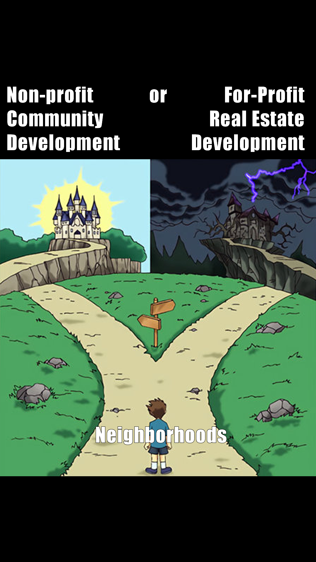 This meme is a visual representation of the difference between a "non-profit" organization and a "for-profit" business. The image shows a path with a signpost labeled "Non-Profit" on one side and "For-Profit" on the other, with a person standing at the fork in the road. The text at the top of the image reads "Non-Profit: Where the money goes to good causes... and then some" and at the bottom "For-Profit: Where the money goes to the owners... and then some".