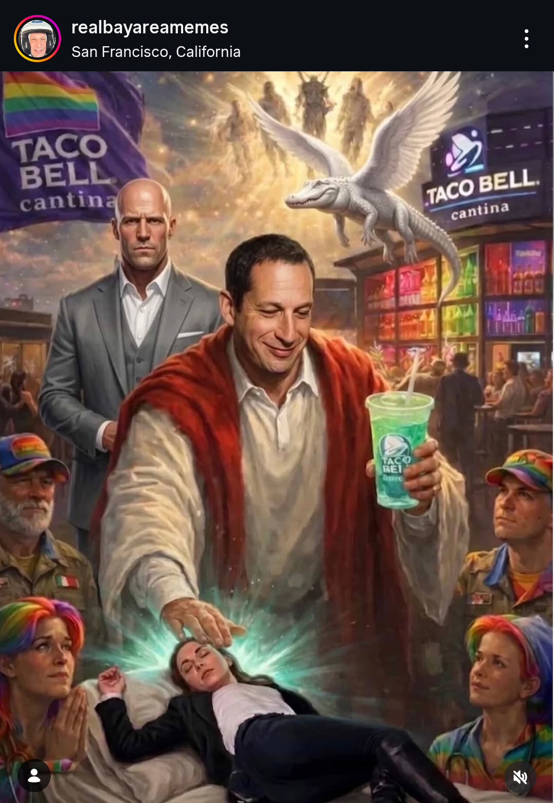 This San Francisco-based meme combines a spiritual, healing scene with commercial pop culture imagery. A central figure radiates blue energy to soothe a sleeping woman in the foreground, while others watch as she is c...