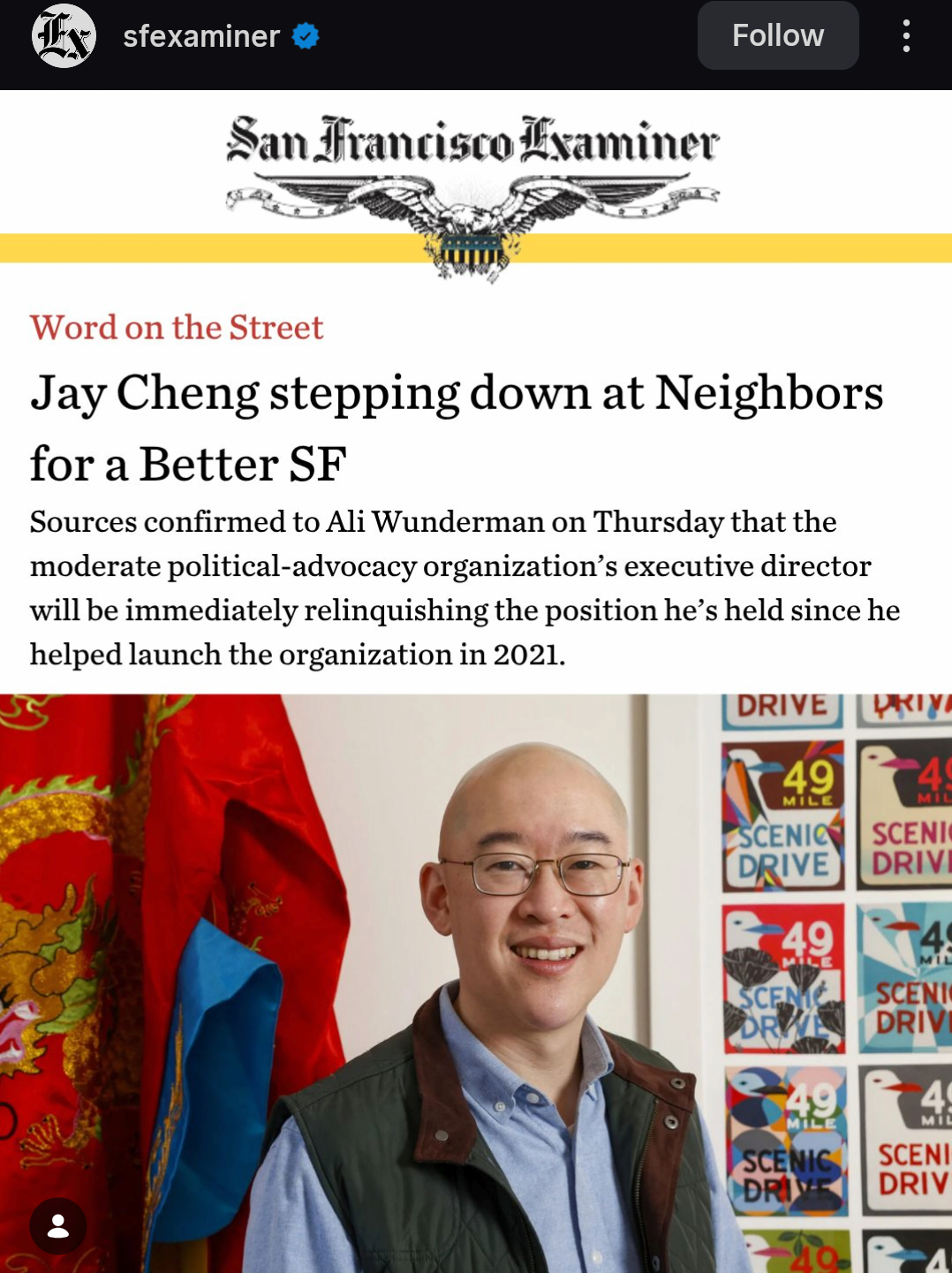 This headline describes a resignation event happening in San Francisco involving the moderate political advocacy group "Neighbors for a Better SF." It explains that Jay Cheng, who helped launch this organization back...