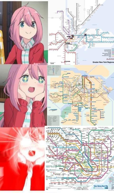 This meme features an image of an anime girl with a shocked expression, alongside two New York City subway maps. The text "I can see my house from here" is written in a red box in the bottom-right corner of the image, referencing the infamous "I can see my house from here" song from the 1972 song of the same name by  The  ,  and  .