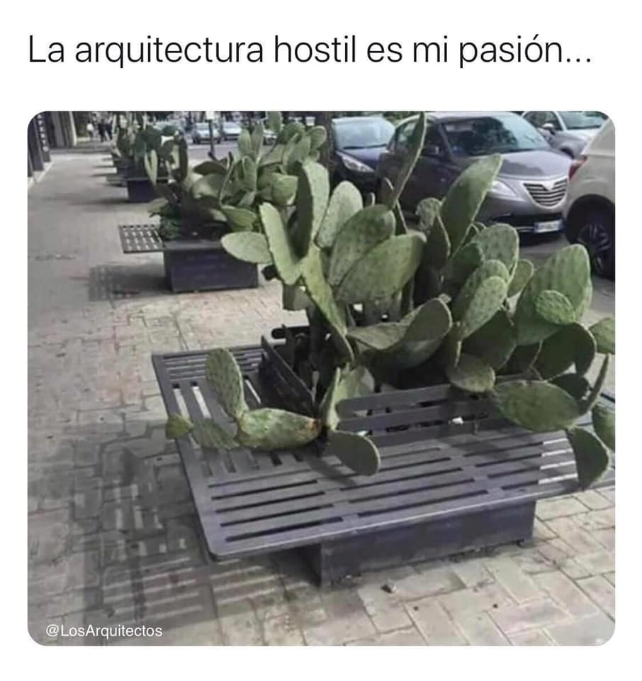 The meme is a humorous image of a street bench with a sign that reads "Please sit, but not on the cactus" in a playful, tongue-in-cheek warning. The text "La arquitectura es mi pasión" (which translates to "Architecture is my passion") is overlaid on the image, implying that the architect's passion is so strong that they even designed a bench with a cactus on it. The image pokes fun at the idea that even the most enthusiastic architects can get carried away with their creative visions.