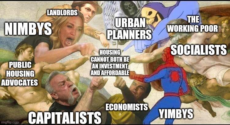 This meme is a humorous illustration that depicts a chaotic and absurd scene. At the center of the image is a large, sprawling mess of people from various professions and ideologies, including a capitalist, a communist, a socialist, a fascist, and others, all fighting and arguing with each other. The text "I can explain supply and demand to you, and I can explain why you're wrong" appears in the image, highlighting the absurdity and conflict of the scene.