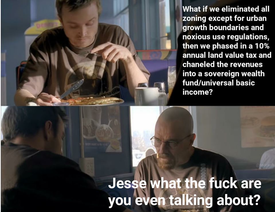 The meme features a screenshot from the TV show Breaking Bad, with Jesse Pinkman (played by Aaron Paul) sitting at a table with a look of concern on his face. The text overlay reads: "In a post-scarcity economy, where everyone has access to unlimited resources and no one needs to work, what's the point of having a job?" The meme is a humorous commentary on the idea that in a hypothetical post-scarcity society, the concept of work and employment would become obsolete.