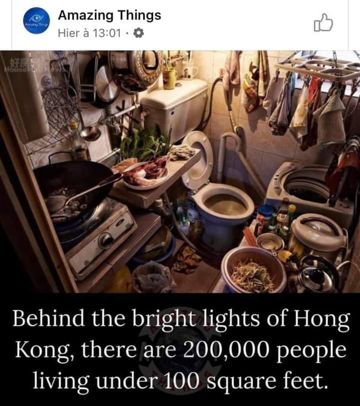 The meme is a photo of a small, cramped apartment in Hong Kong, with a narrow bathroom and a toilet that's also a shower. The text that appears in the image is "In Hong Kong, there are 2.8 million people living in 1,300 sq km." Below the photo, it says "In Hong Kong, there are 2.8 million people living in 1,300 sq km. Or, to put it another way:..." and the text is followed by a photo of a toilet that's also a shower, with the words "In Hong Kong, the average apartment is 70 sq ft."