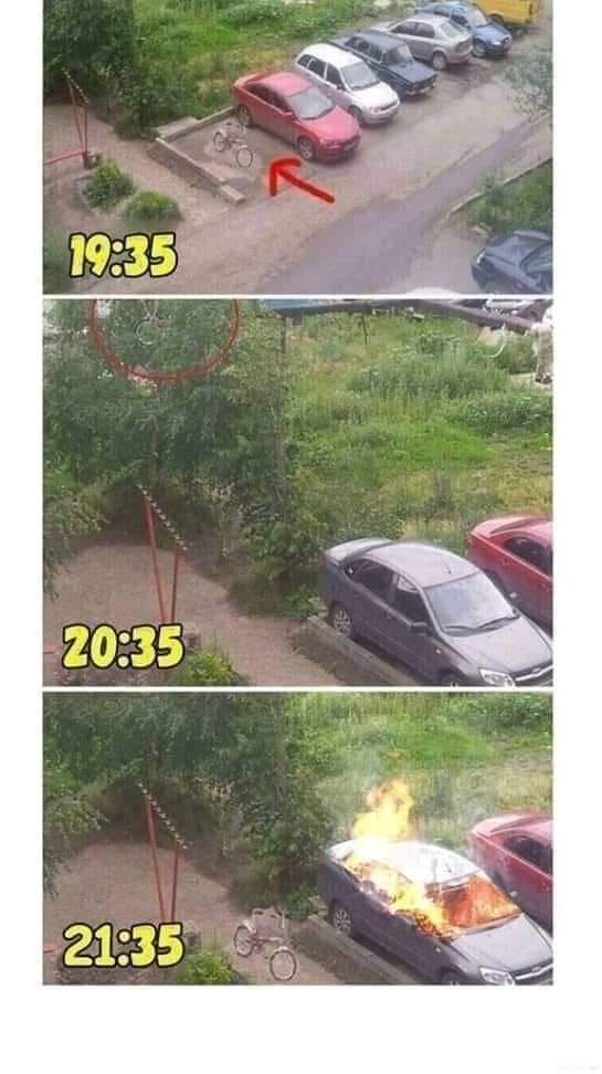 The meme is an image of a car with a bicycle on the roof, with a fire burning on top of the car. The image is captioned "2 seconds" and the time "2:55" is displayed in the top left corner. The meme is a humorous take on the concept of a car on fire with a bicycle on the roof, implying a chaotic and absurd situation.