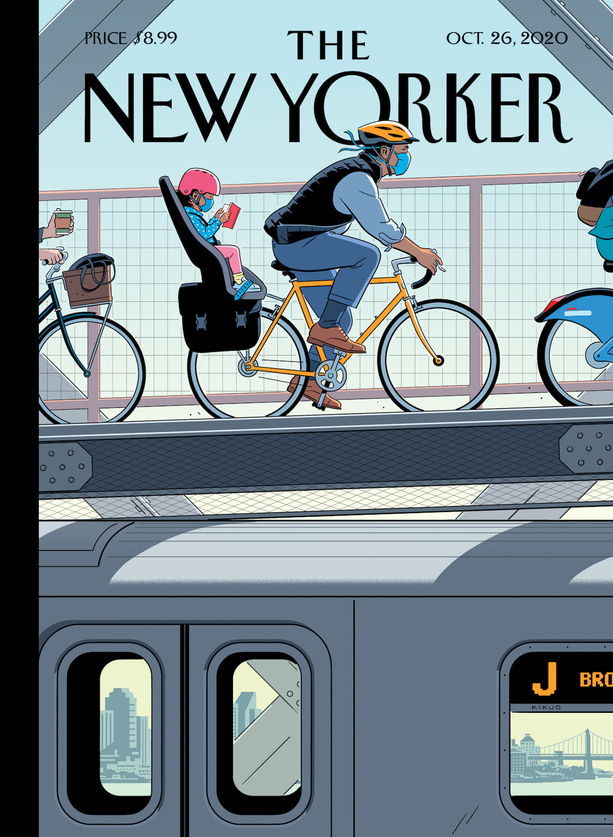 The meme is a cartoon illustration of a man riding a bike with a child in a trailer behind him. The child is wearing a helmet and looking up at the man with a serious expression. The text "I told my kid to stop looking at screens before bed" appears above the illustration.