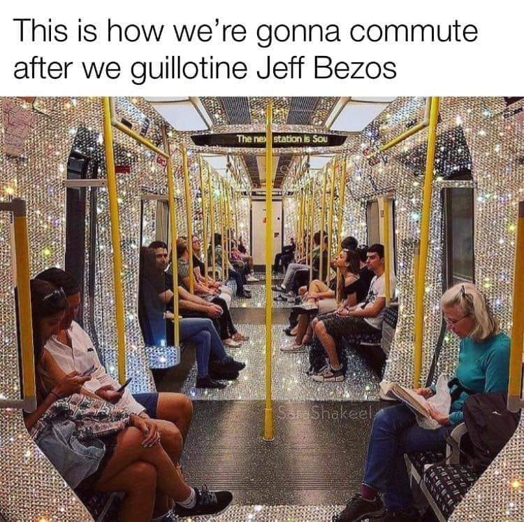 This meme is a humorous take on the phrase "I'm going to go get a coffee" or a similar casual statement. The image shows a crowded public transportation vehicle, but the people are all staring blankly ahead, as if they're in a trance. The text at the top reads "I'm going to go get a coffee" and at the bottom "...then I'm going to go kill Jeff Bezos."