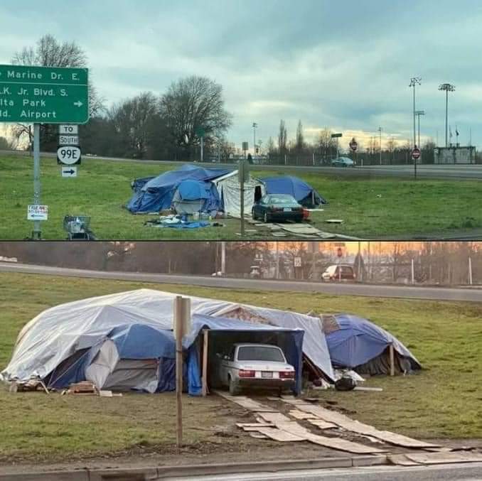 The meme is a humorous image of a homeless person's makeshift shelter, with a cardboard sign reading "Homeless" and a "For Sale by Owner" sign with a price of $1. The image is likely meant to be ironic or satirical, poking fun at the idea of someone trying to sell their own home. The meme is likely to be accompanied by a caption or joke that adds to the humor.