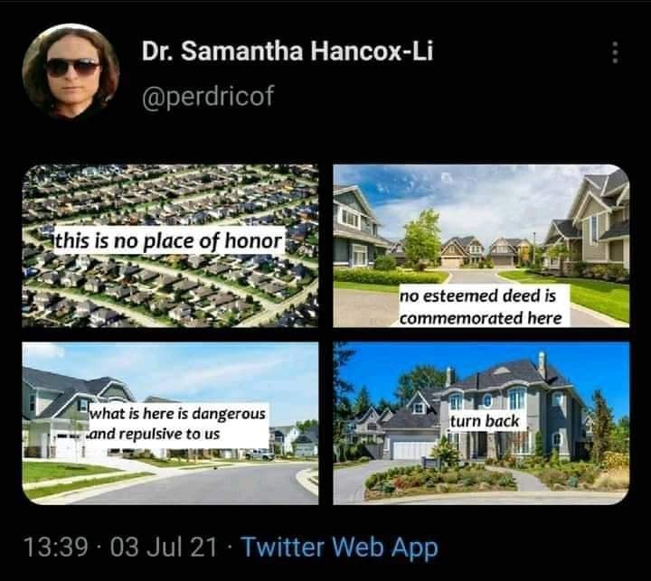 This meme is a humorous image of a suburban neighborhood with a caption that reads "this is not a place of safety" in a bold, playful font. The image is likely a satirical commentary on the idea that suburban neighborhoods are often perceived as safe and welcoming, but the caption suggests that this is not actually the case. The tone is tongue-in-cheek and pokes fun at the notion that suburban neighborhoods are always safe and welcoming.