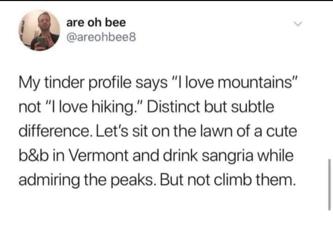 This meme is a humorous take on the popular dating app Tinder. The text reads: "My Tinder profile says 'I love hiking' but in reality, I'm more of a 'I love sitting on a couch with a glass of wine' kind of person. I'm looking for someone who doesn't mind a lazy Sunday afternoon." The meme is poking fun at the idea that people often present themselves in a more adventurous or active way on dating apps, when in reality they might be more laid-back.