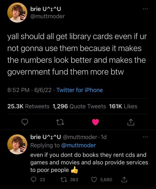 The meme is a screenshot of a tweet from a user named "bored in the future" (not the actual name, but the username is displayed in the tweet). The tweet reads: "yall should get library cards even if you dont have money, they're free and you can get books, music, and movies for free. also, most libraries have free wifi and you can use their computers for free. it's a game changer."